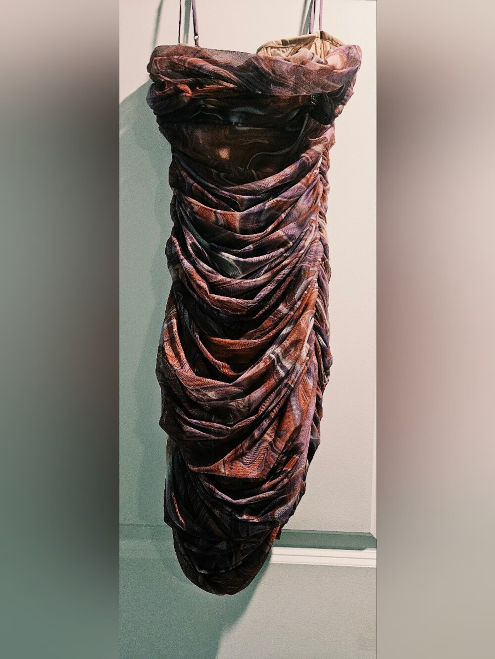 House Of CB Draped Ruched Midi Dress in Marbled Rust and Lavender
